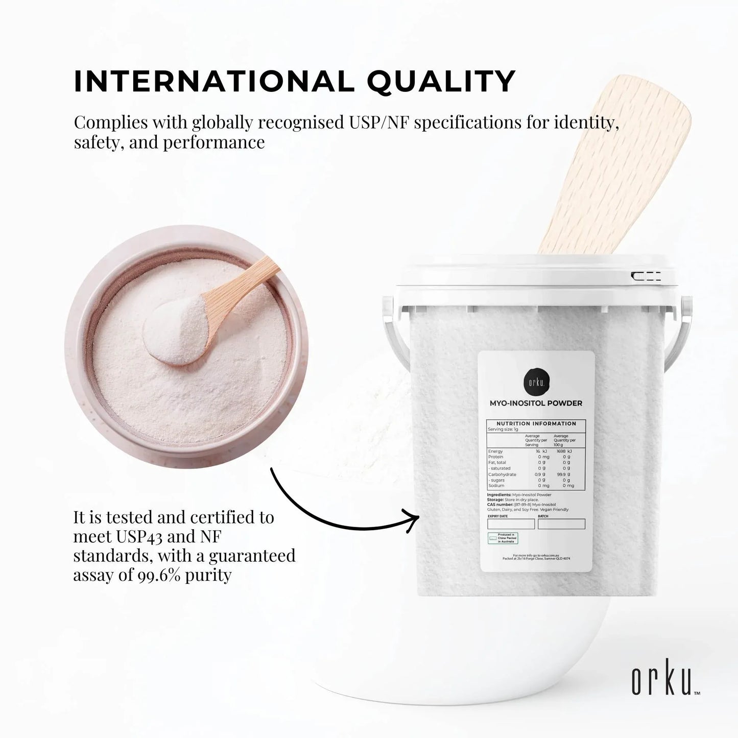 Hlpmedical Orku 800g USP Grade Myo Inositol powder tub, high purity unflavored supplement for health and wellness.