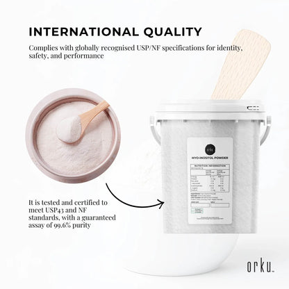 Hlpmedical Orku 800g USP Grade Myo Inositol powder tub, high purity unflavored supplement for health and wellness.