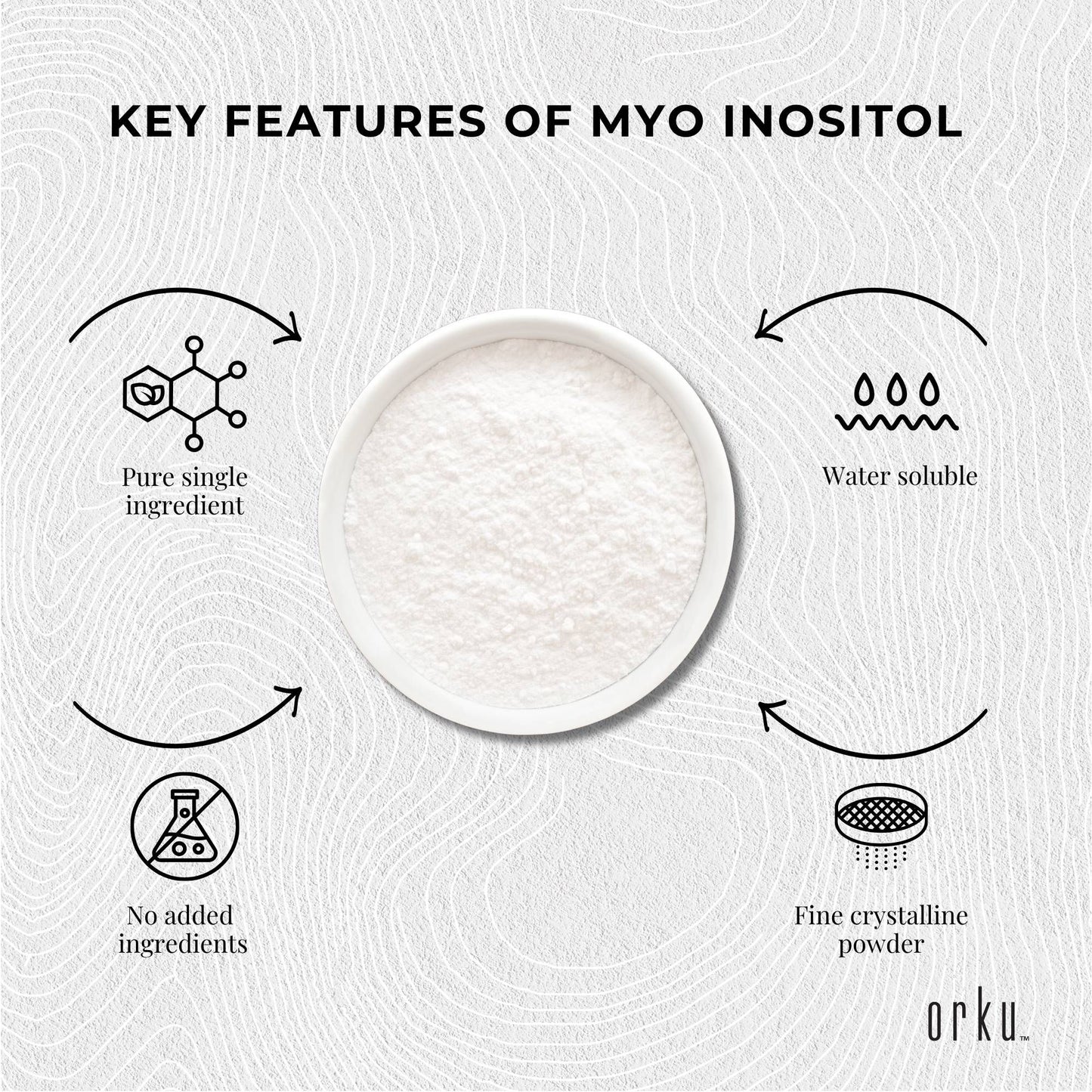 Hlpmedical Orku 800g USP Grade Myo Inositol powder tub, high purity unflavored supplement for health and wellness.