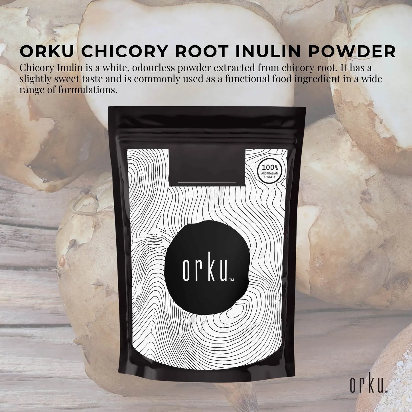 Hlpmedical Orku 400g chicory root inulin powder in a clear jar, unflavored dietary supplement for health and nutrition.
