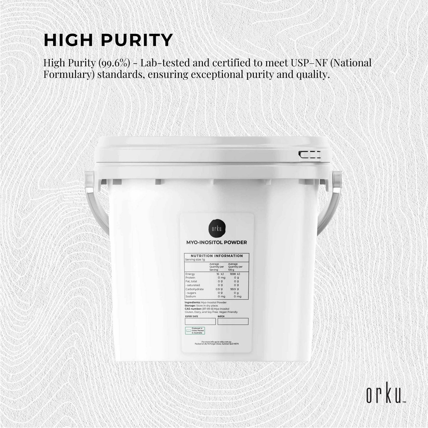 Hlpmedical Orku 3.5kg USP grade Myo Inositol powder tub, high purity unflavoured supplement for health and wellness.