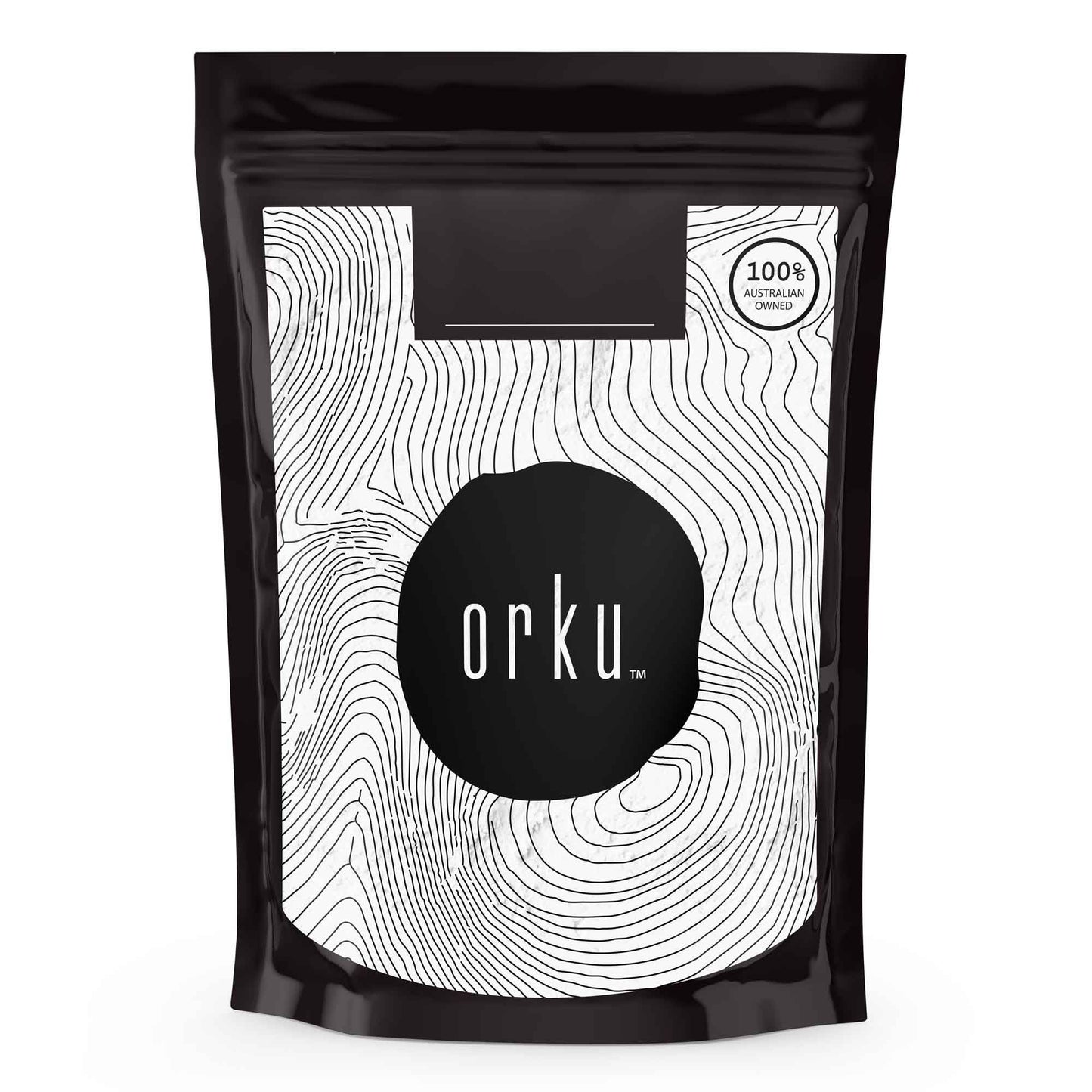 Hlpmedical Orku 1kg chicory root inulin powder, unflavored dietary supplement, showing the fine powder in a clear container.