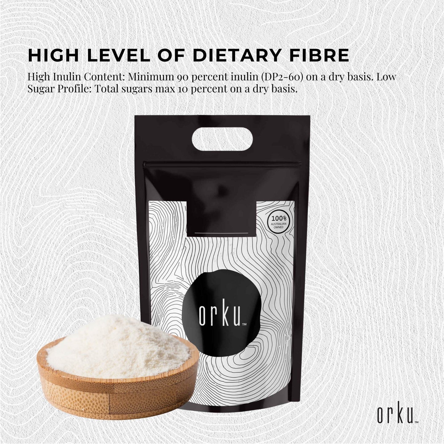 Hlpmedical Orku 10kg chicory root inulin powder, unflavored dietary supplement for health and nutrition, shown in a container.
