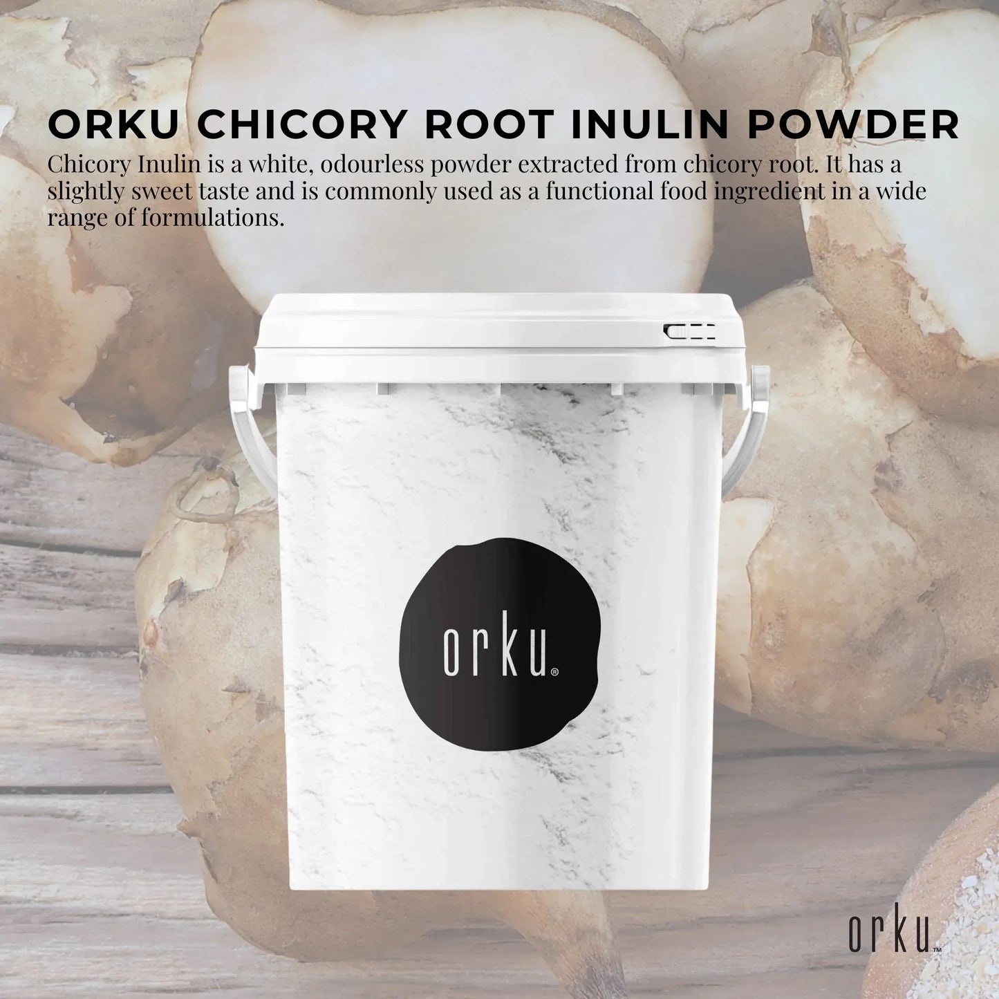 Hlpmedical Orku 800g chicory root inulin powder tub, unflavored dietary supplement for gut health and nutrition.