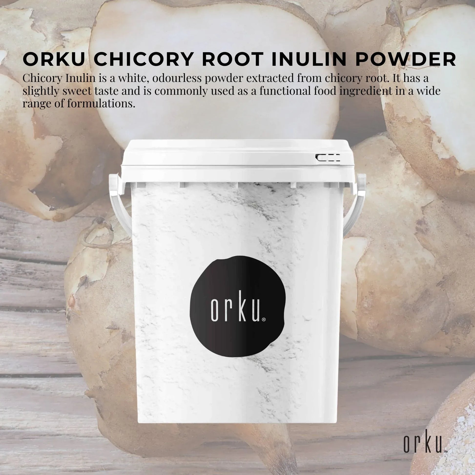 Hlpmedical Orku 800g chicory root inulin powder tub, unflavored dietary supplement for gut health and nutrition.