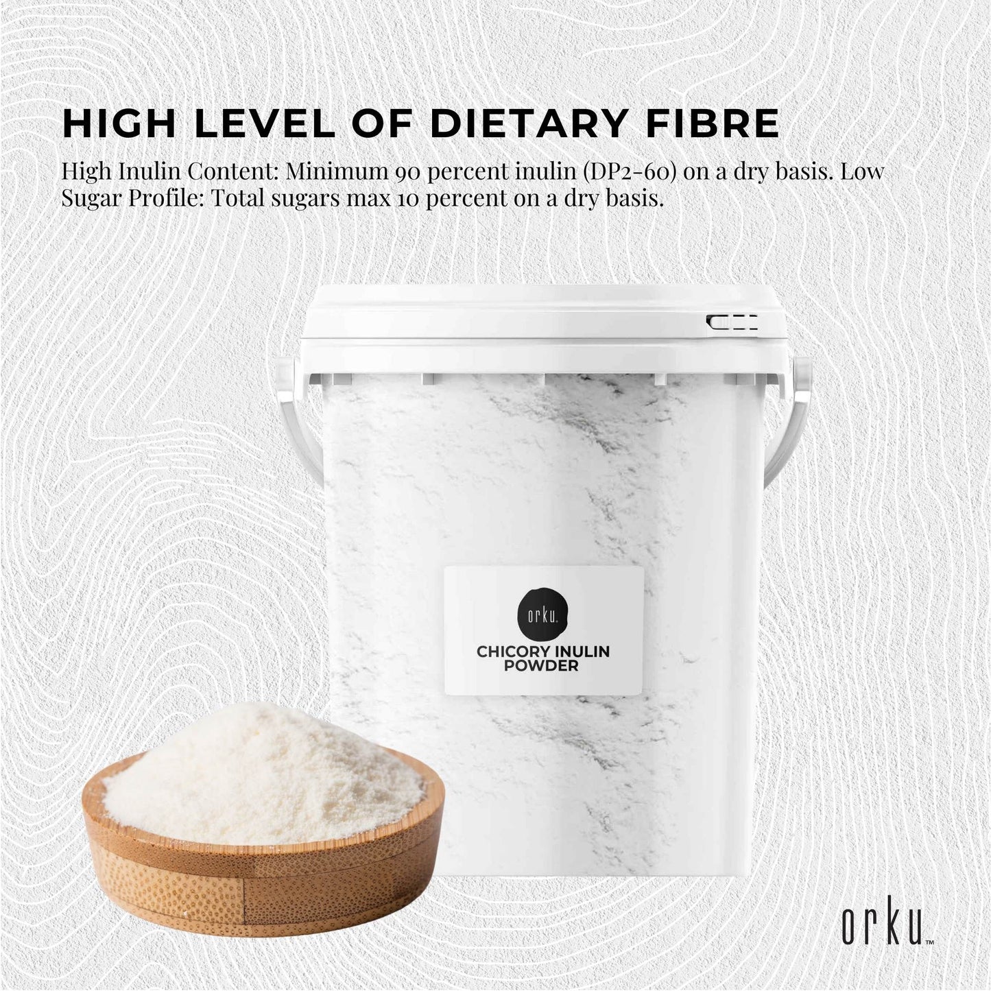 Hlpmedical Orku 800g chicory root inulin powder tub, unflavored dietary supplement for digestive health and nutrition.