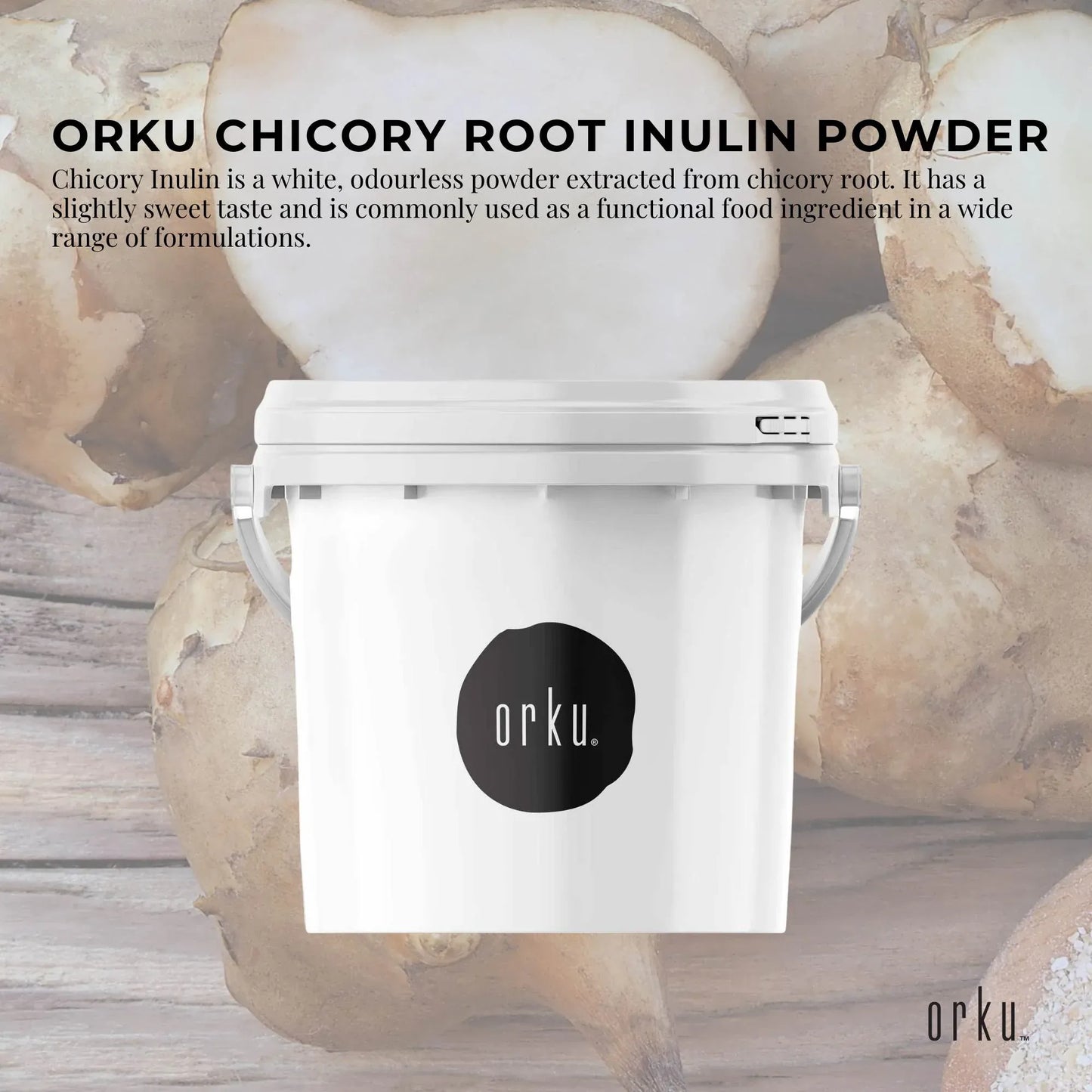 Hlpmedical Orku 3.5kg chicory root inulin powder tub, unflavoured dietary supplement for health and nutrition.