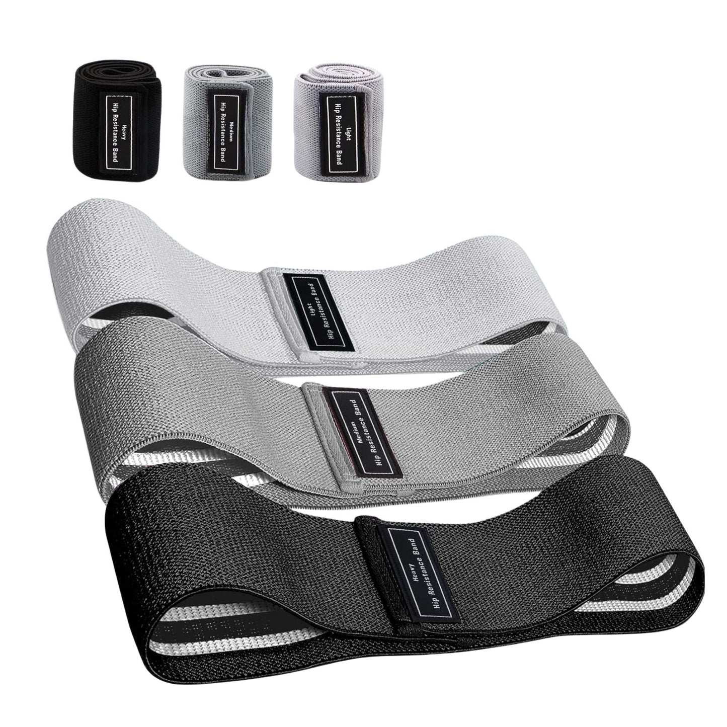 Set of three Hlpmedical resistance hip bands for glute and leg workouts, stretchy power loops for fitness and Pilates exercises.