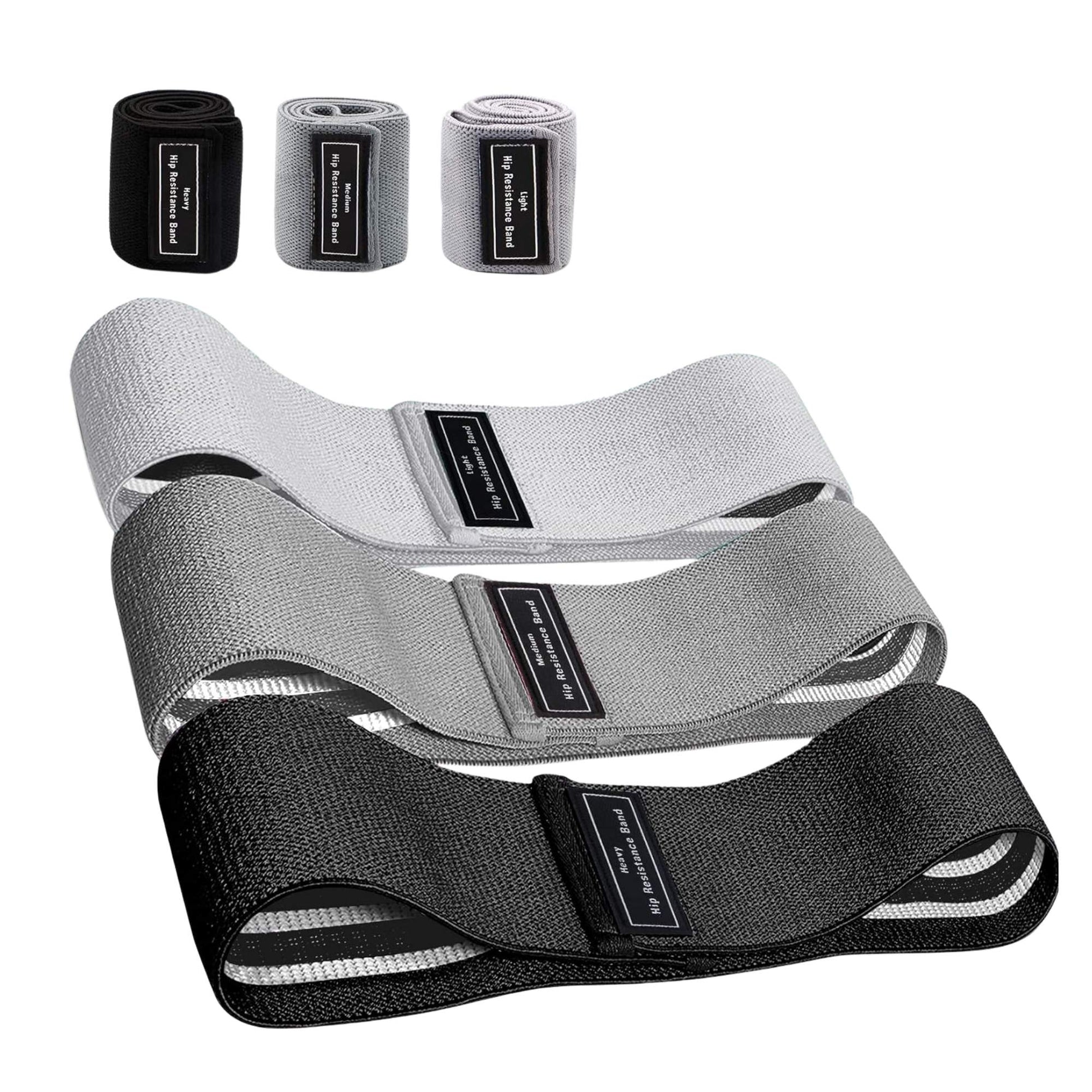 Set of three Hlpmedical resistance hip bands for glute and leg workouts, stretchy power loops for fitness and Pilates exercises.