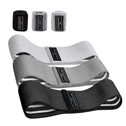 Set of three Hlpmedical resistance hip bands for glute and leg workouts, stretchy power loops for fitness and Pilates exercises.