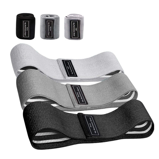 Set of three Hlpmedical resistance hip bands for glute and leg workouts, stretchy power loops for fitness and Pilates exercises.