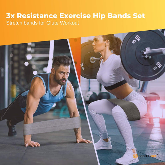 Set of three resistance hip bands for glute and booty workouts, durable stretch power loops by Hlpmedical for fitness exercises.