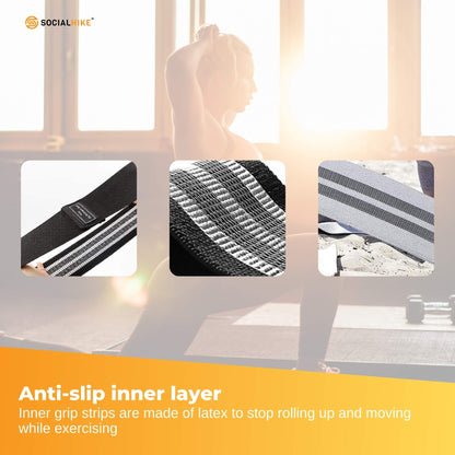Set of three Hlpmedical resistance hip bands for glute and booty workouts, made of stretchable, durable exercise power loops.
