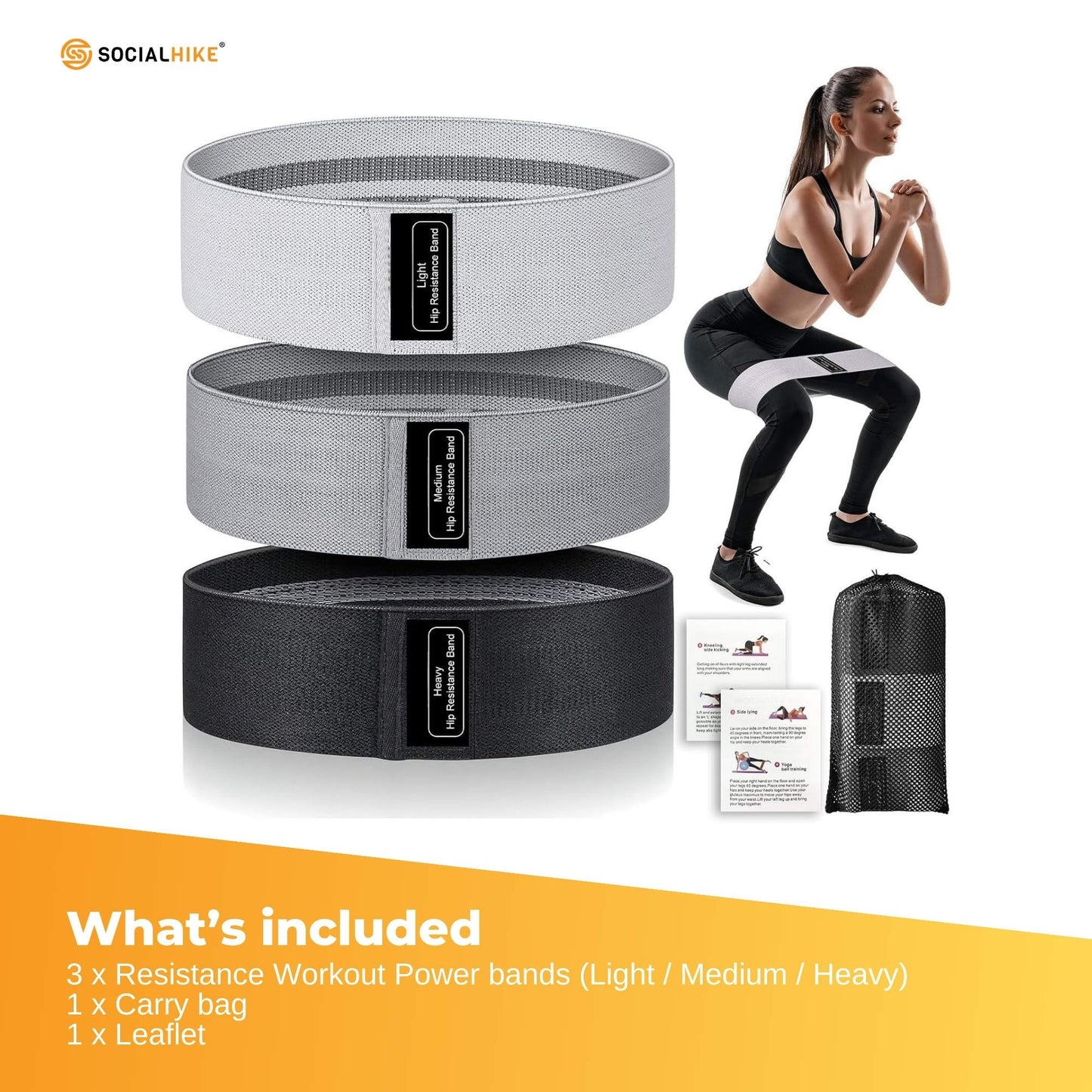 Set of three Hlpmedical resistance hip bands for glute and booty workouts, stretch power loops for fitness and Pilates exercises.