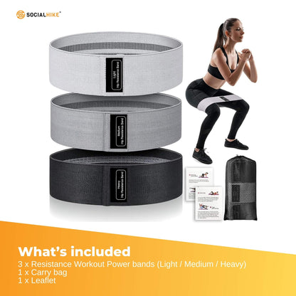 Set of three Hlpmedical resistance hip bands for glute and booty workouts, stretch power loops for fitness and Pilates exercises.