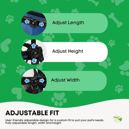 Hlpmedical Rooster Farms Little Dog Wheelchair XS harness with adjustable back leg support for small dogs in a pet care setting.