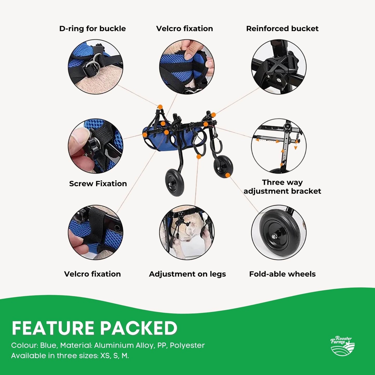 Hlpmedical Rooster Farms Little Dog Wheelchair Medium harness with adjustable back leg support for small dogs in pet care.