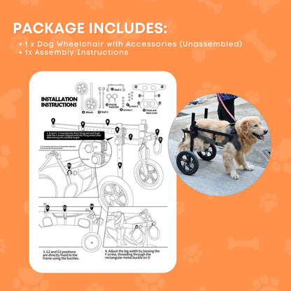 Hlpmedical Rooster Farms large dog wheelchair XL harness with adjustable back leg aid for support and mobility.