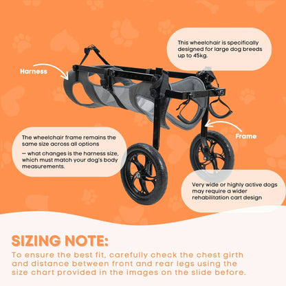Large dog wheelchair harness with adjustable back leg aid from Rooster Farms, designed for XXL dogs by Hlpmedical.