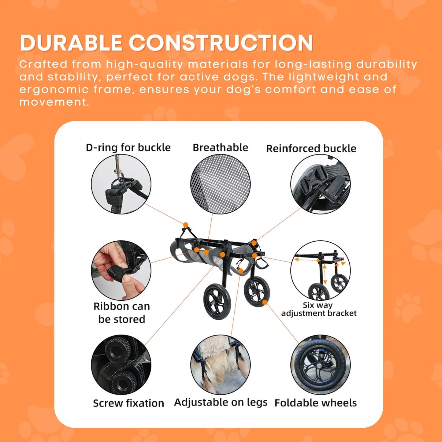 Hlpmedical Rooster Farms large dog wheelchair with adjustable harness and back leg support for XXL-sized dogs.