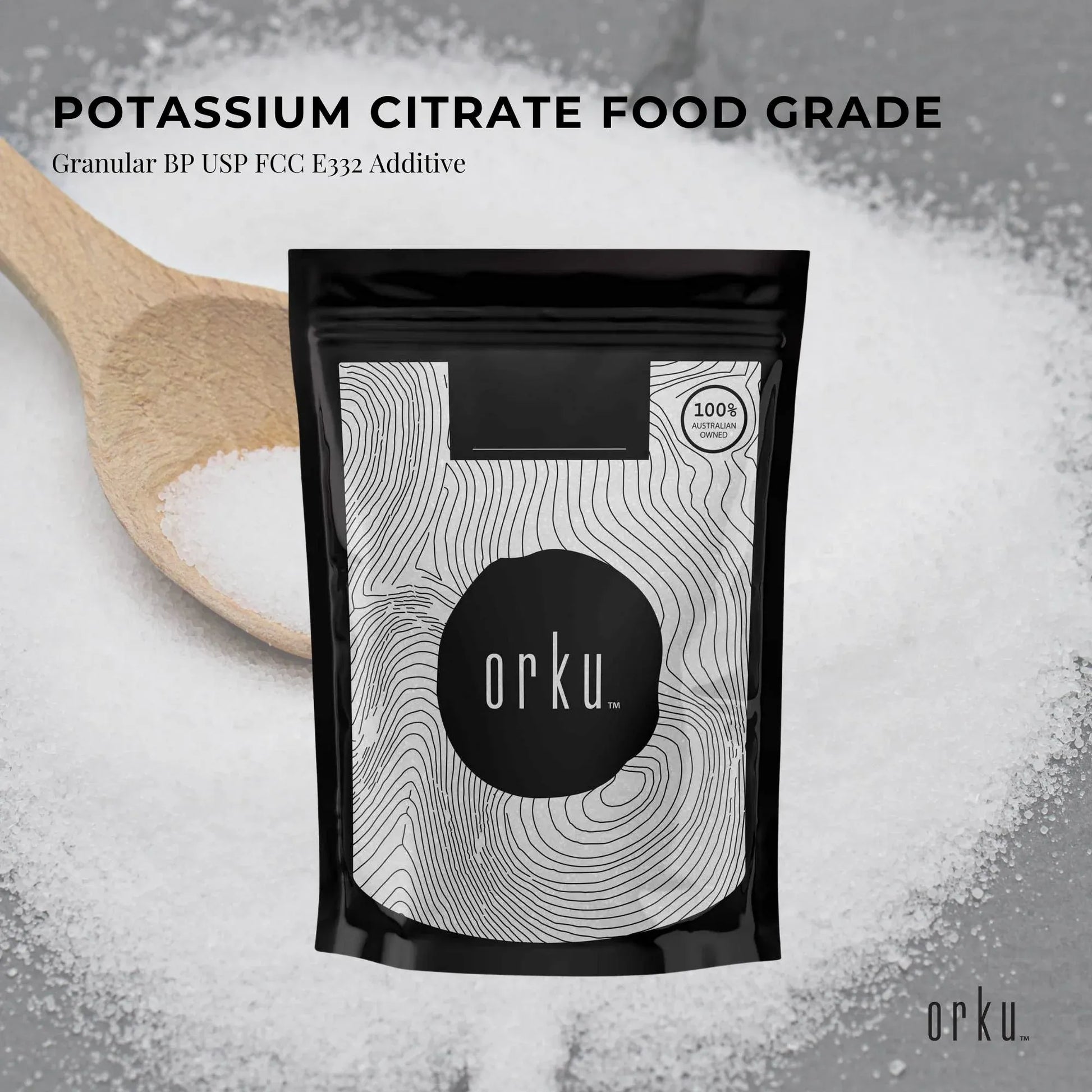 Granular Orku 1kg potassium citrate food grade supplement by Hlpmedical, used in nutrition and dietary applications.