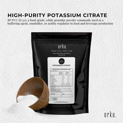 Granular 1kg Potassium Citrate food grade supplement by Hlpmedical, used as a dietary additive in nutrition and health products.