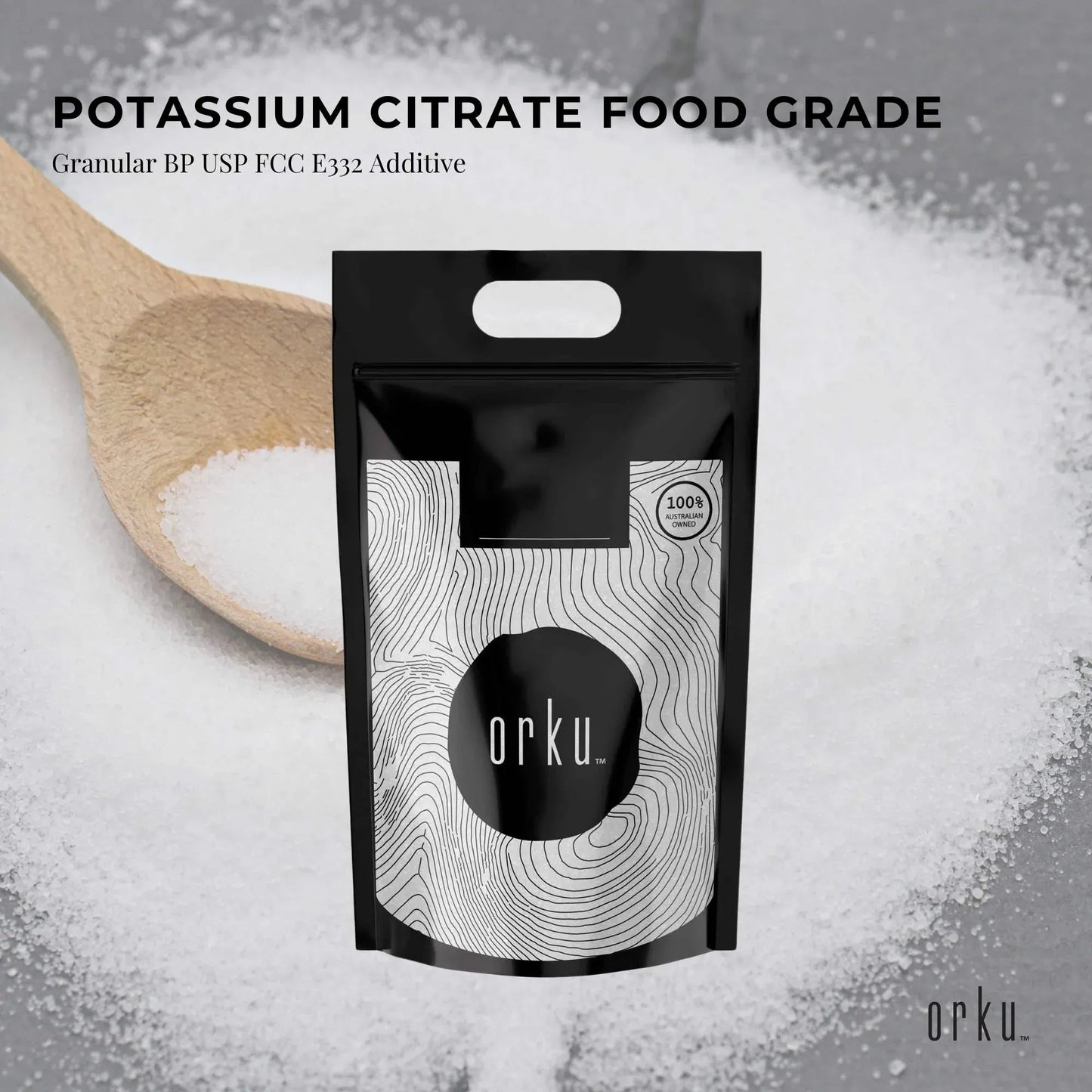 Granular Orku 5kg Potassium Citrate food grade supplement in a white container, used as a dietary additive and electrolyte.