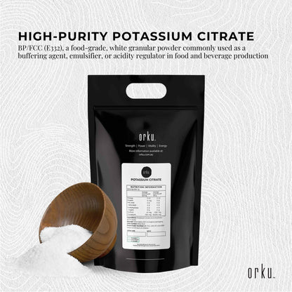 Granular potassium citrate supplement in a clear container, labeled with Hlpmedical, suitable for food-grade nutritional use.