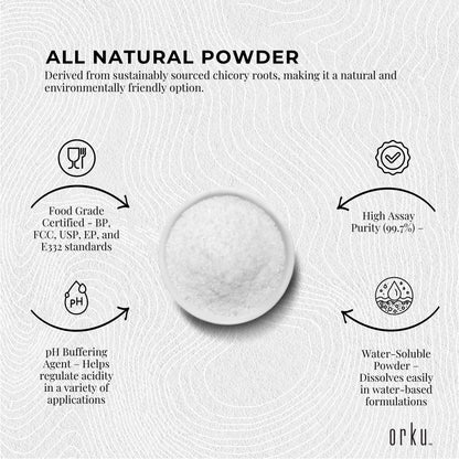 Granular potassium citrate food grade supplement in a clear container, labeled with Hlpmedical branding for health and nutrition use.
