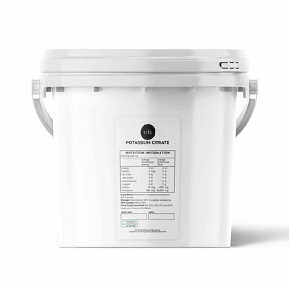 Granular potassium citrate food grade tub from Hlpmedical, 5kg, suitable for nutrition and supplement use.