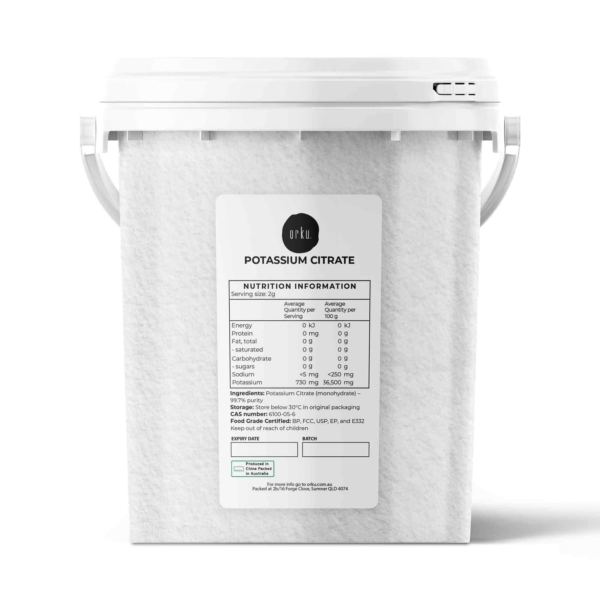 Granular potassium citrate supplement in a 1.3kg tub, food grade additive for health and nutrition by Hlpmedical.