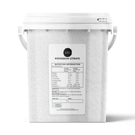 Granular potassium citrate supplement in a 1.3kg tub, food grade additive for health and nutrition by Hlpmedical.