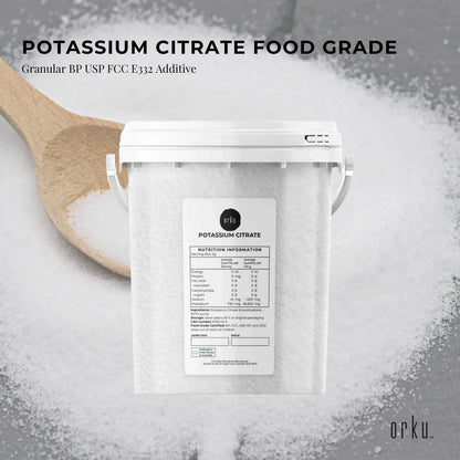 Hlpmedical Orku 1.3kg potassium citrate food grade tub showing granular potassium citrate supplement for health and nutrition.