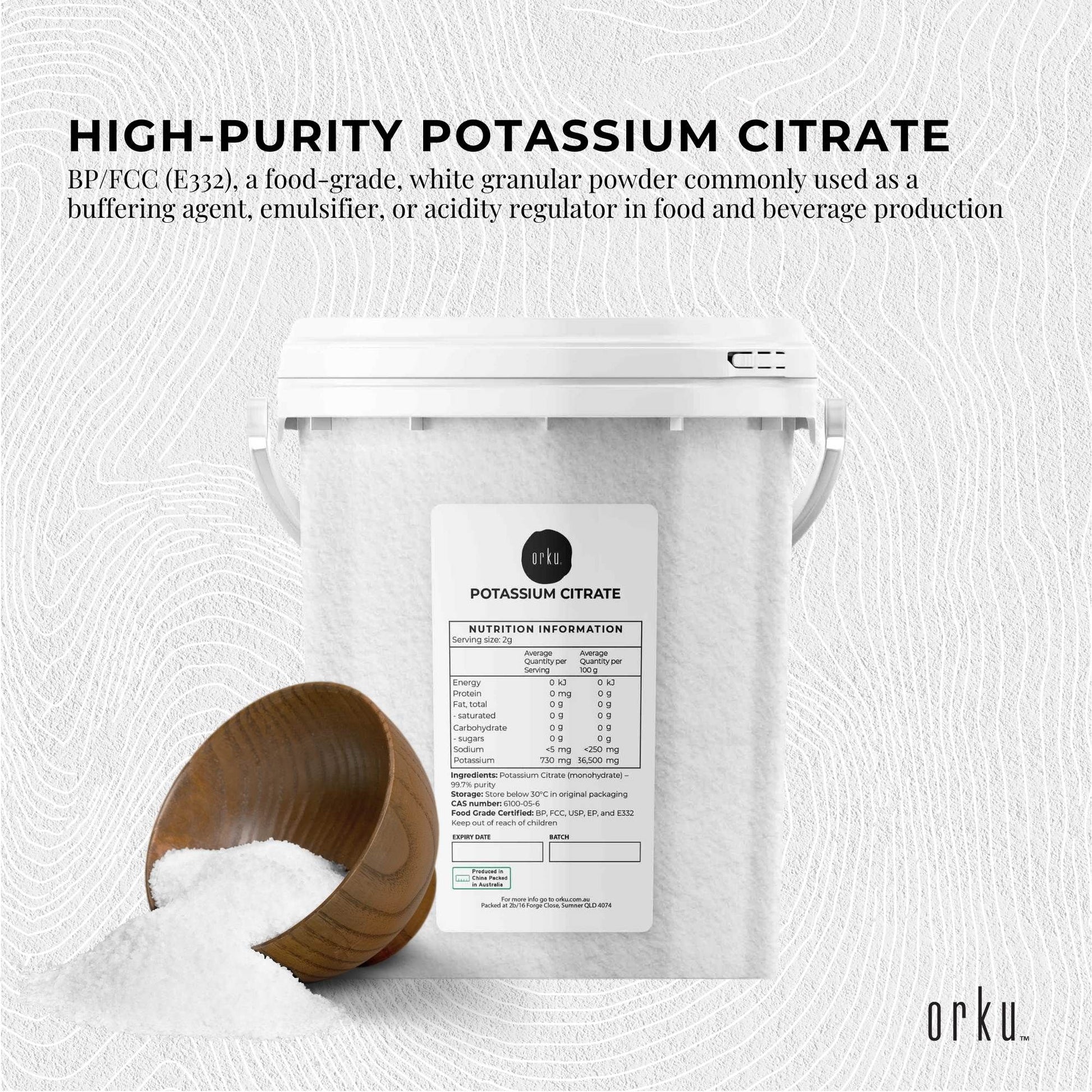Granular Orku 1.3kg potassium citrate food grade tub by Hlpmedical, used as a dietary supplement in nutrition and health products.