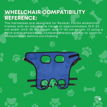 Hlpmedical Rooster Farms dog wheelchair replacement harness for small dogs up to 10kg, adjustable pet care harness on a white background.