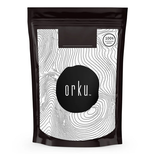 Unflavored Orku Magnesium Bisglycinate Powder in 1kg package by Hlpmedical, dietary supplement for health and muscle support.