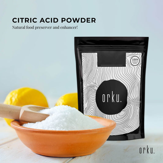 Hlpmedical Orku 100g citric acid powder, food grade, non-GMO anhydrous preservative, used in health and nutrition supplements.