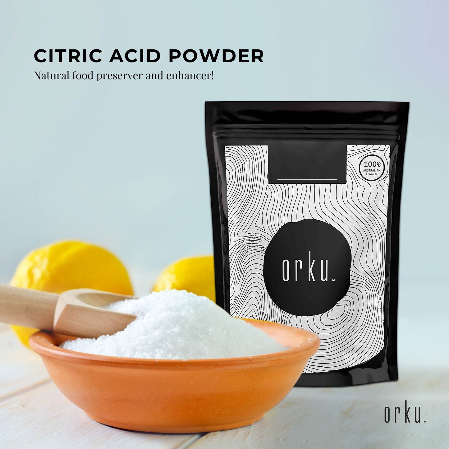 Hlpmedical Orku 1kg citric acid powder, food grade, non-GMO anhydrous preservative, used in nutrition and supplements.