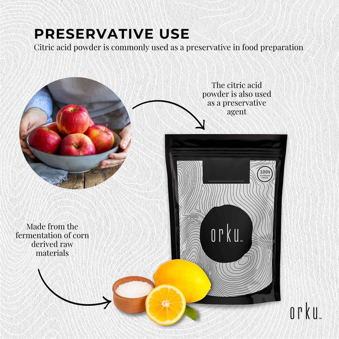 Hlpmedical Orku 1kg food-grade citric acid powder for cooking and preservation, non-GMO anhydrous preservative E330, in a clear container