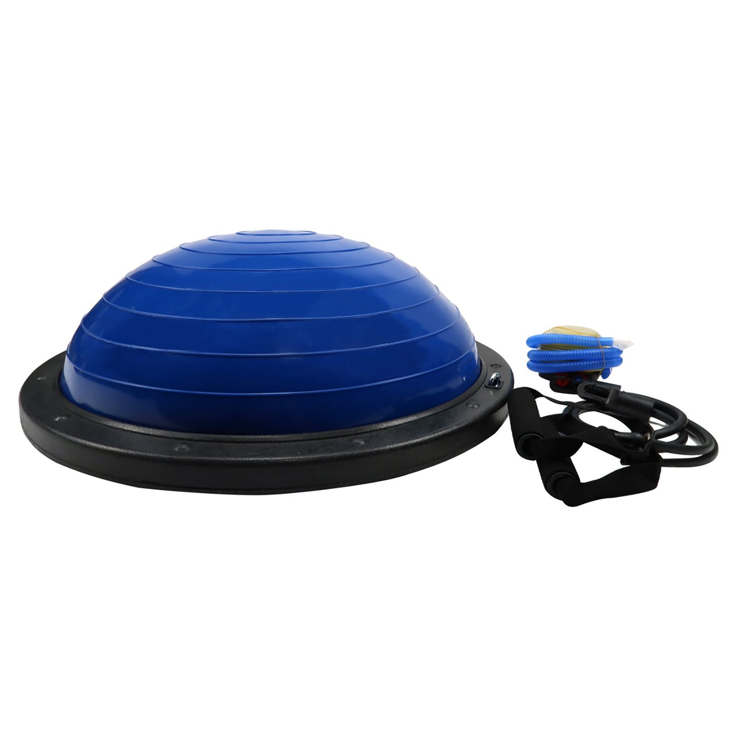 Blue Powertrain Fitness yoga ball used as a balance trainer for home gym workouts, placed on a wooden floor.