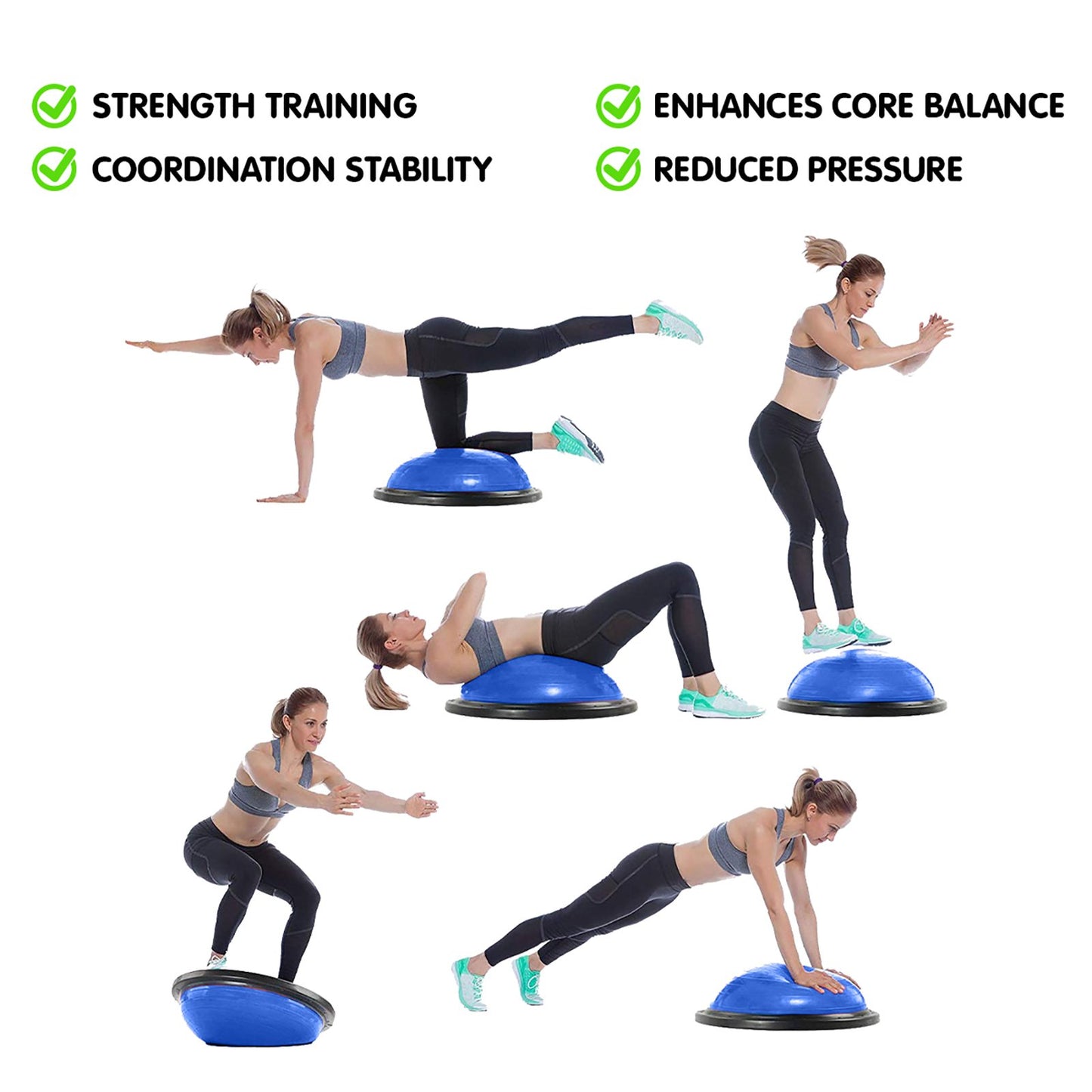 Blue Powertrain Fitness yoga ball used as a balance trainer for home gym workouts, by Hlpmedical.