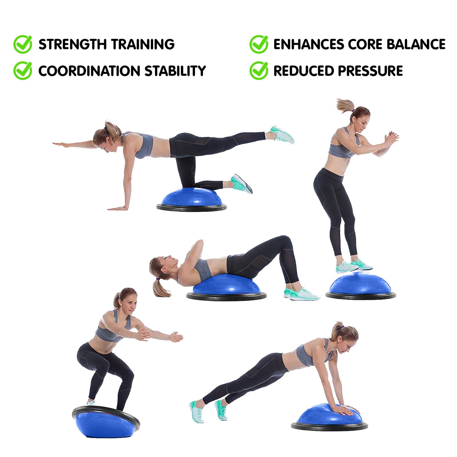 Blue Powertrain Fitness yoga ball used as a balance trainer for home gym workouts, by Hlpmedical.