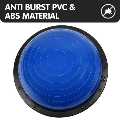 Blue Powertrain Fitness yoga ball used as a balance trainer for home gym workouts, by Hlpmedical.