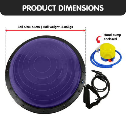 Purple Powertrain Fitness yoga ball used as a balance trainer for home gym workouts, featuring durable exercise ball design.