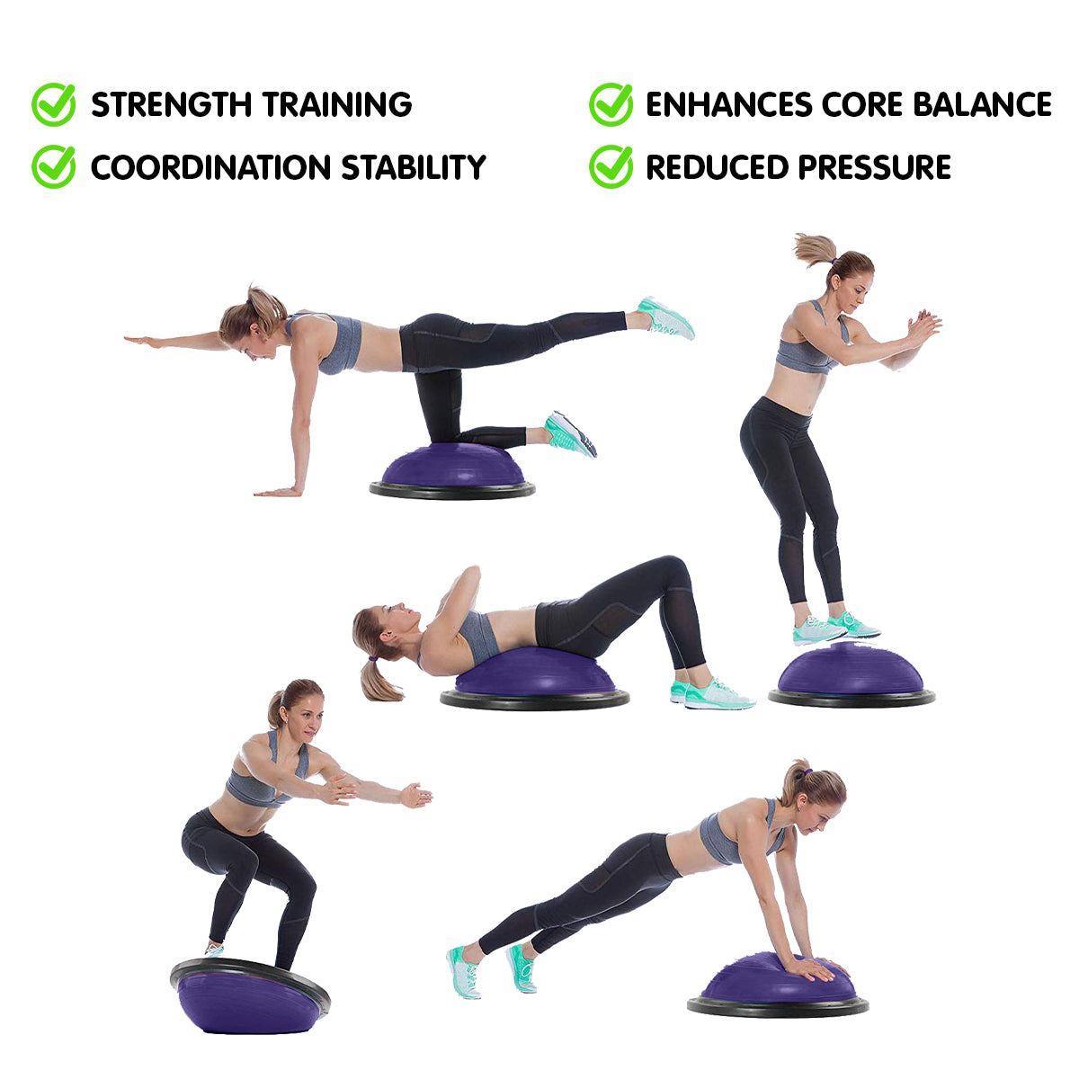 Purple Powertrain Fitness yoga ball used as a balance trainer for home gym workouts, designed for fitness and exercise routines.