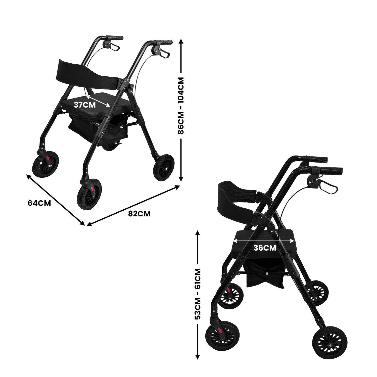 Black Orthonica foldable steel rollator by Hlpmedical with 136kg capacity, featuring a sturdy frame and adjustable handle for mobility.
