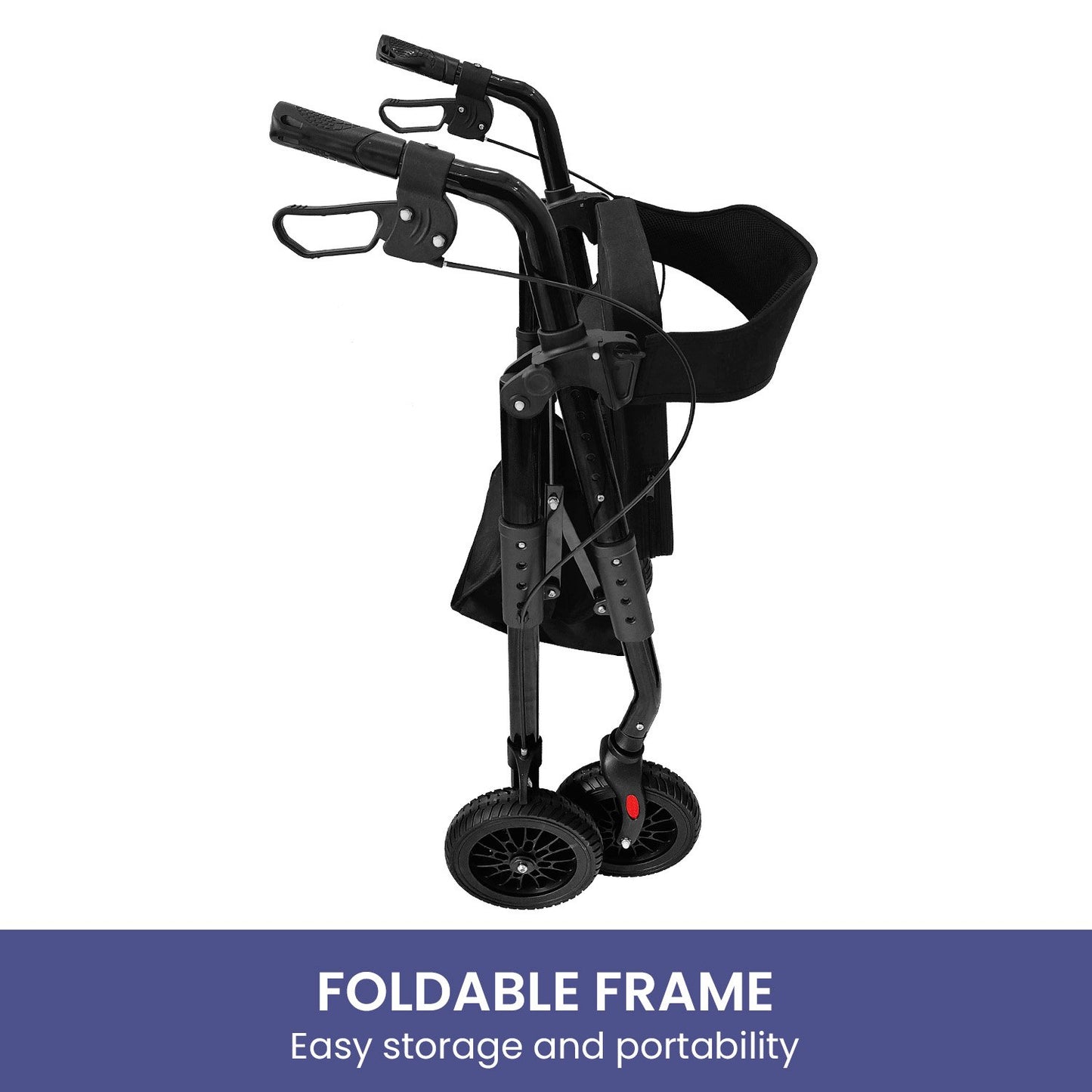 Black Orthonica Foldable Steel Rollator with 136kg capacity, featuring ergonomic handles and sturdy frame for mobility assistance.