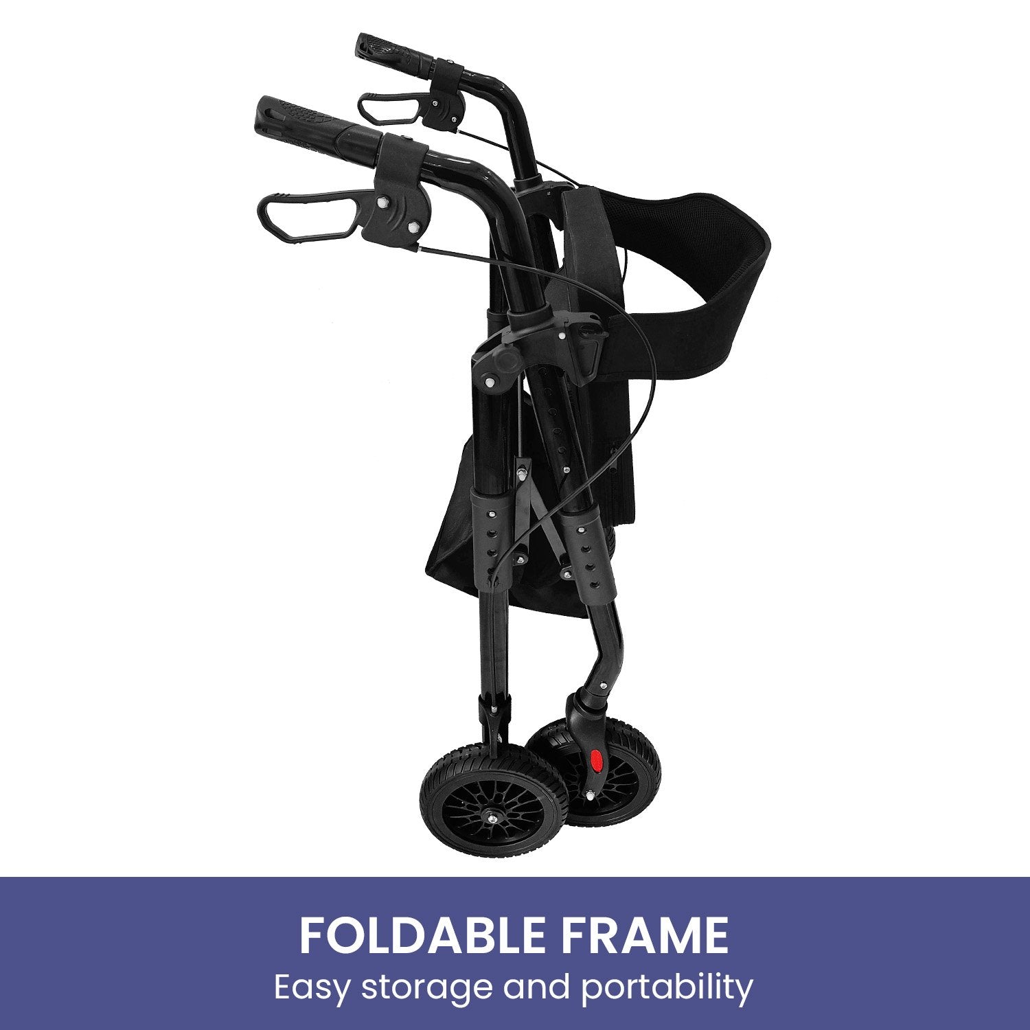 Black Orthonica Foldable Steel Rollator with 136kg capacity, featuring ergonomic handles and sturdy frame for mobility assistance.