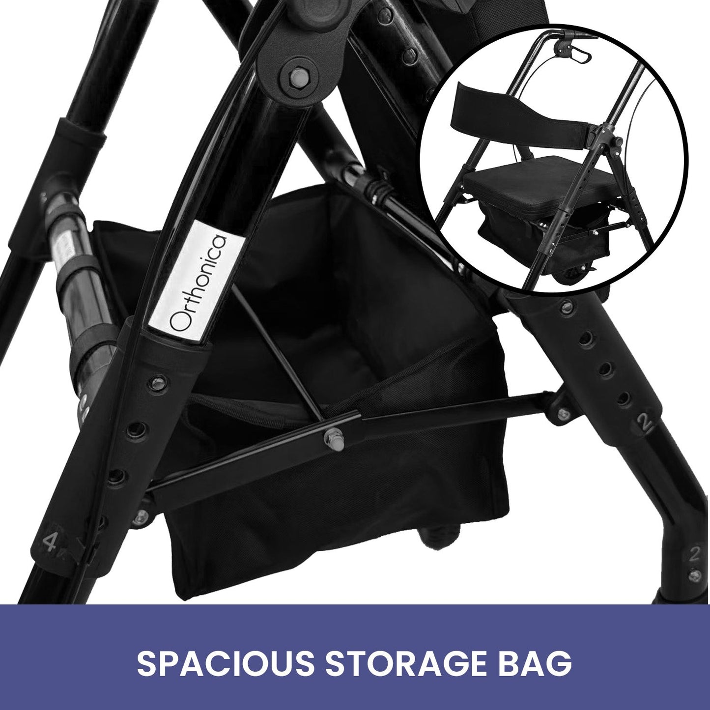 Black Orthonica foldable steel rollator with 136kg weight capacity, designed for mobility and accessibility support.