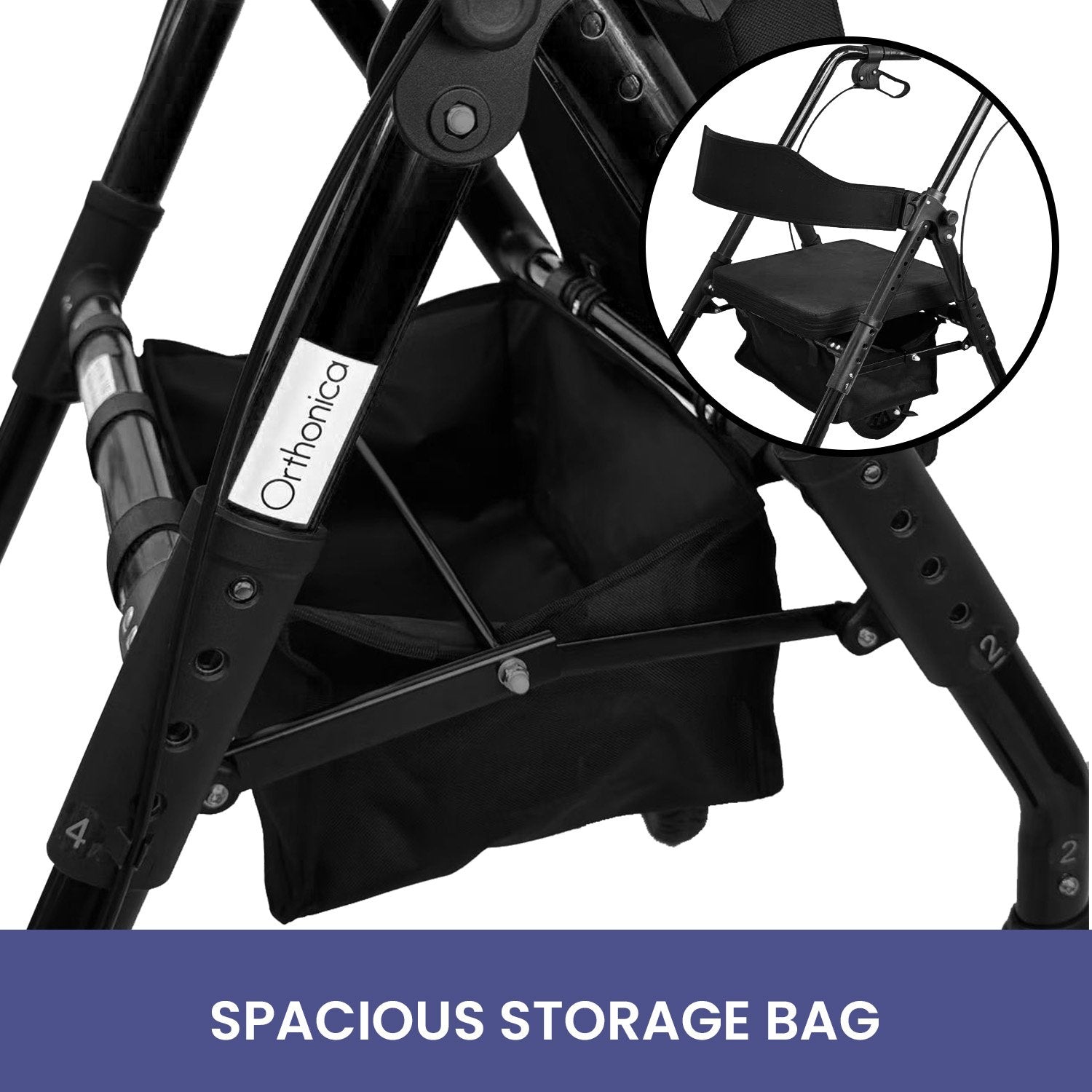 Black Orthonica foldable steel rollator with 136kg weight capacity, designed for mobility and accessibility support.